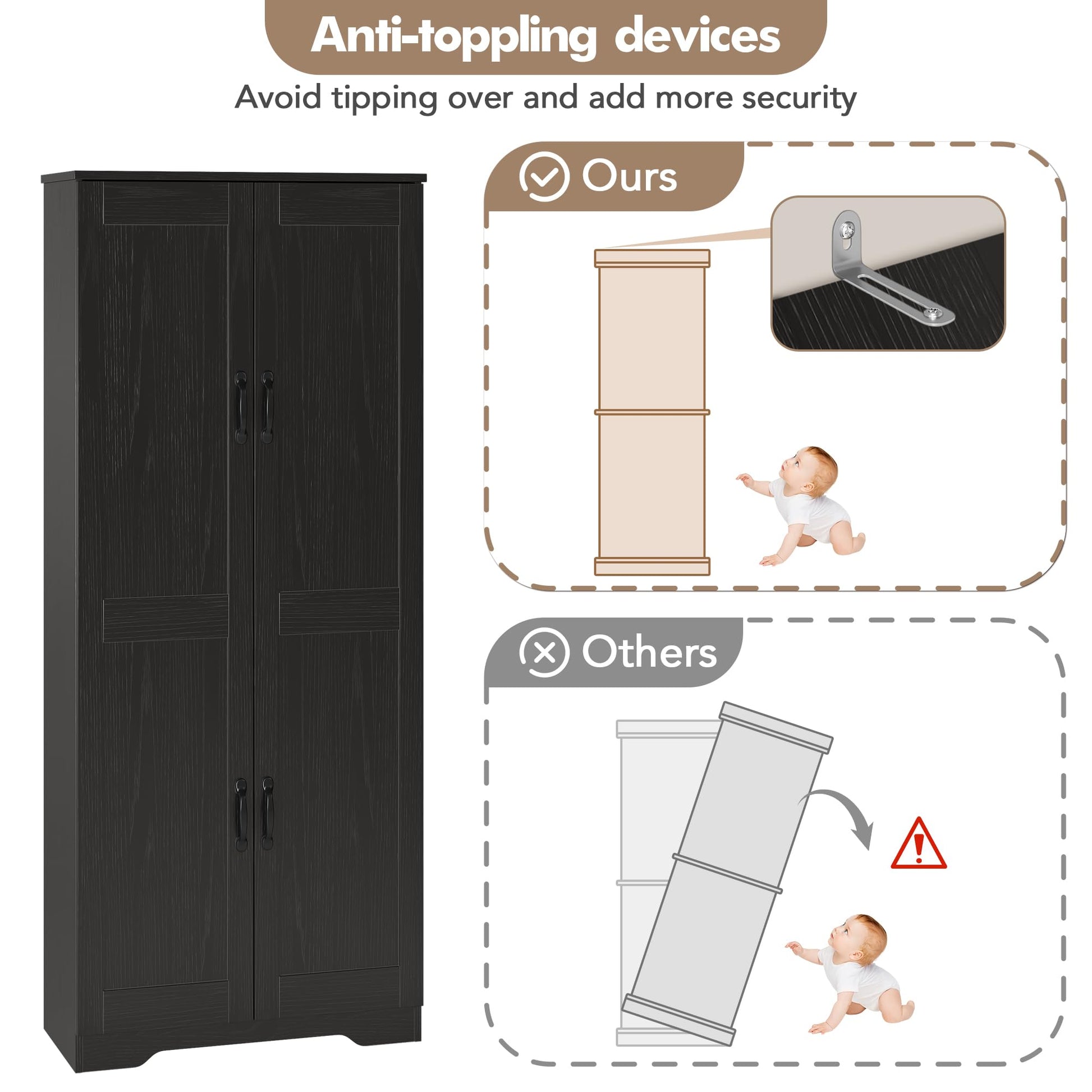 Garvee armoire de rangement haute 152 × 60 × 30 cm noire, 2 portes et étagères réglables