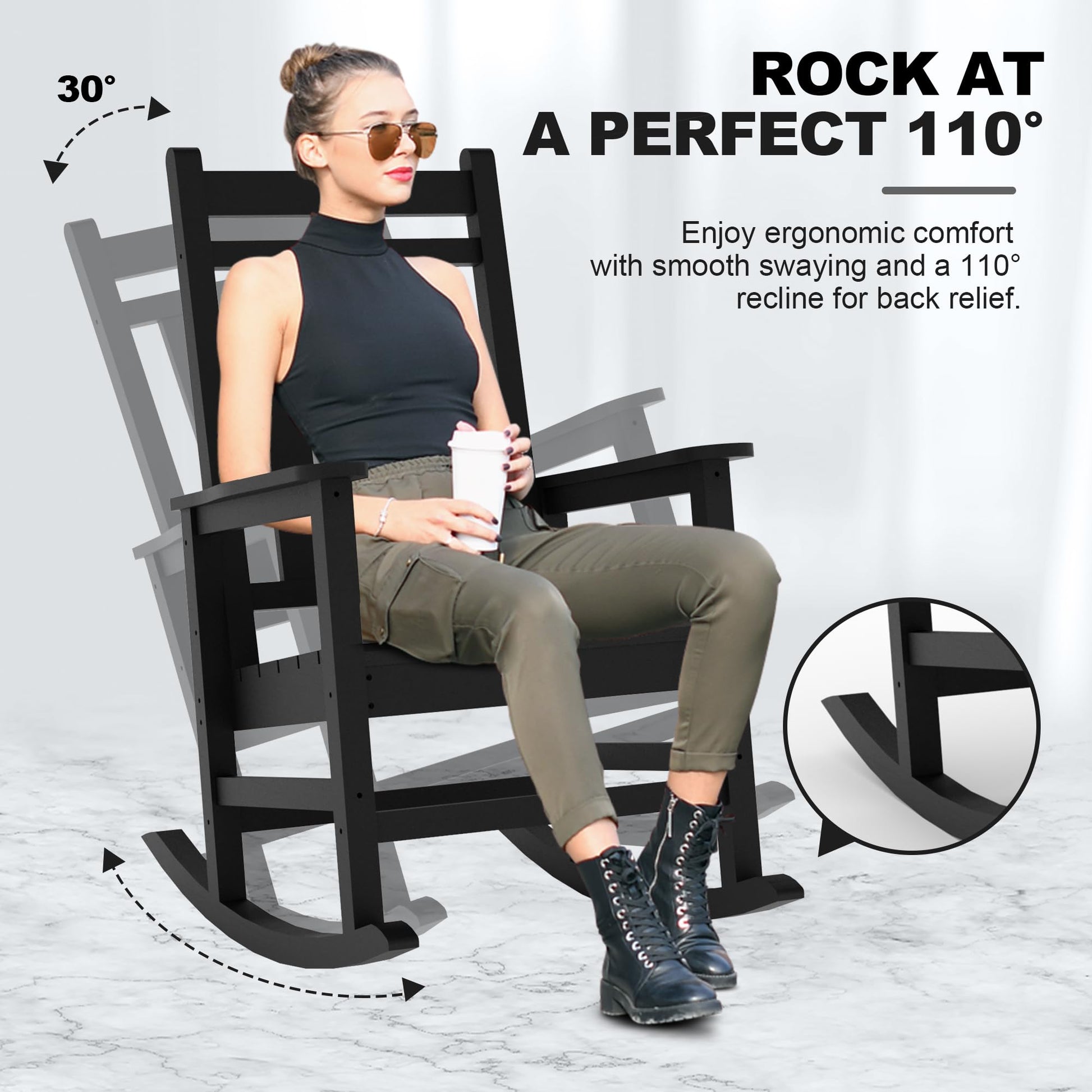 Garvee Fauteuil à bascule d’extérieur en HDPE noir, assise large avec accoudoirs spacieux, résistant aux intempéries, pour jardin et porche