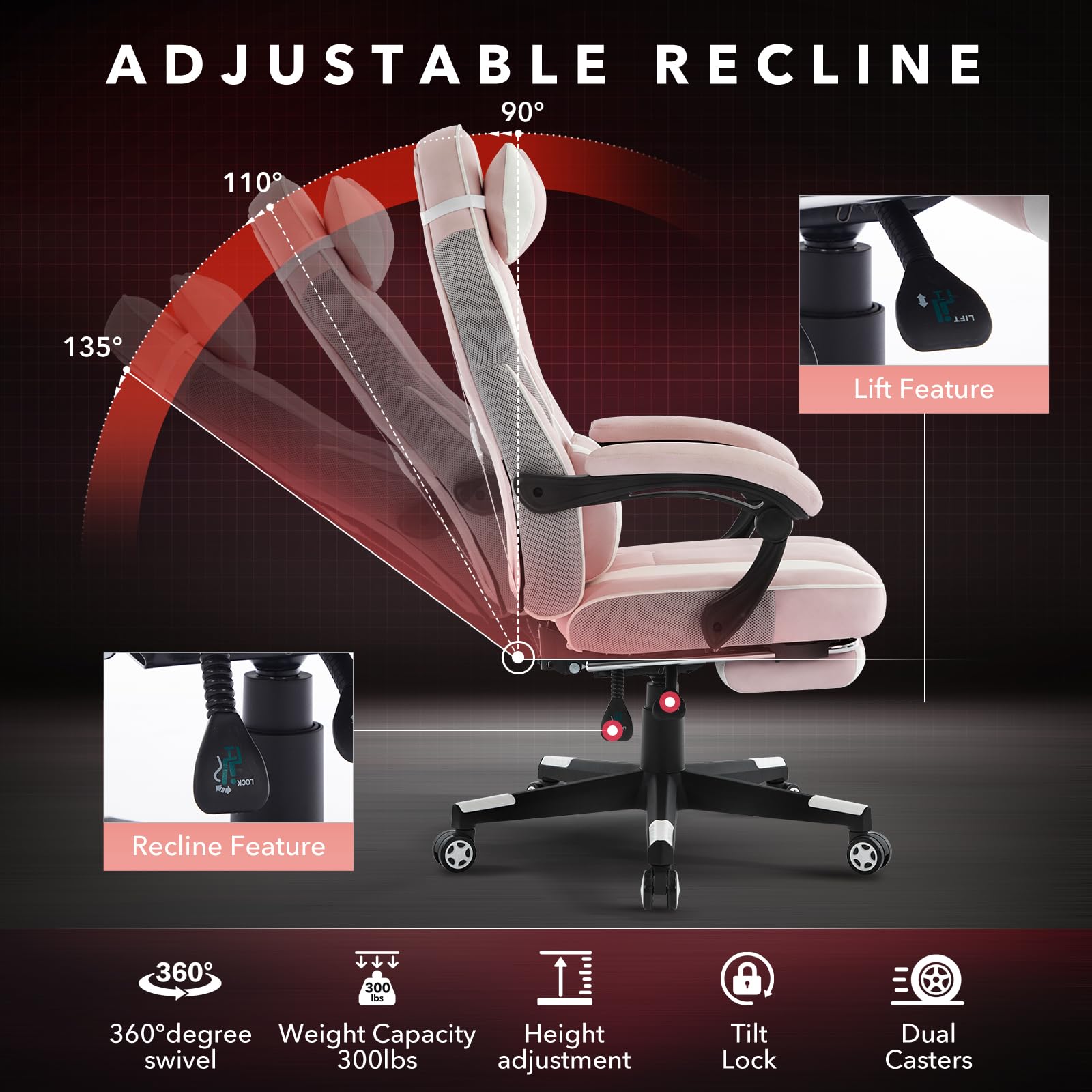 Garvee Chaise gaming ergonomique rose avec repose-pieds, appui-tête et soutien lombaire, pivotante 360°, hauteur réglable, capacité 136 kg, adulte et ado
