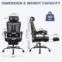 Chaise de bureau ergonomique Garvee avec soutien lombaire réglable, repose-pieds, maille respirante, idéale pour le bureau et le gaming, réglable, noire