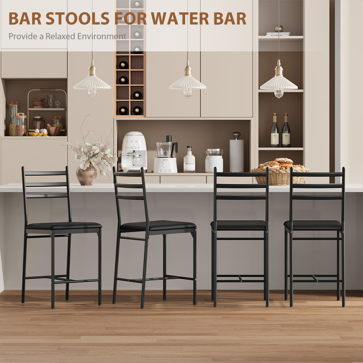 Ensemble de 2 tabourets de bar Garvee, en métal, assises rembourrées en similicuir, dossier ergonomique, pour cuisine et bar, robustes, noirs