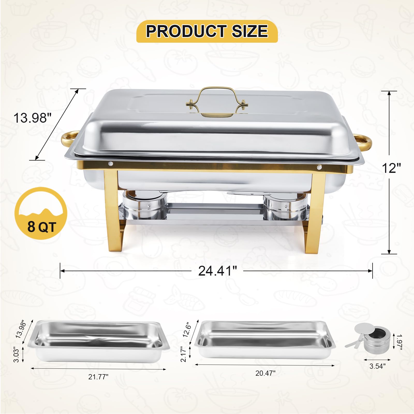 Ensemble de 4 chafing dishes Garvee dorés, 8 pintes (7,6 L), en acier inoxydable, dimensions : 62 x 35,5 x 30,5 cm. Idéal pour les grands événements, la restauration, les hôtels et les restaurants.