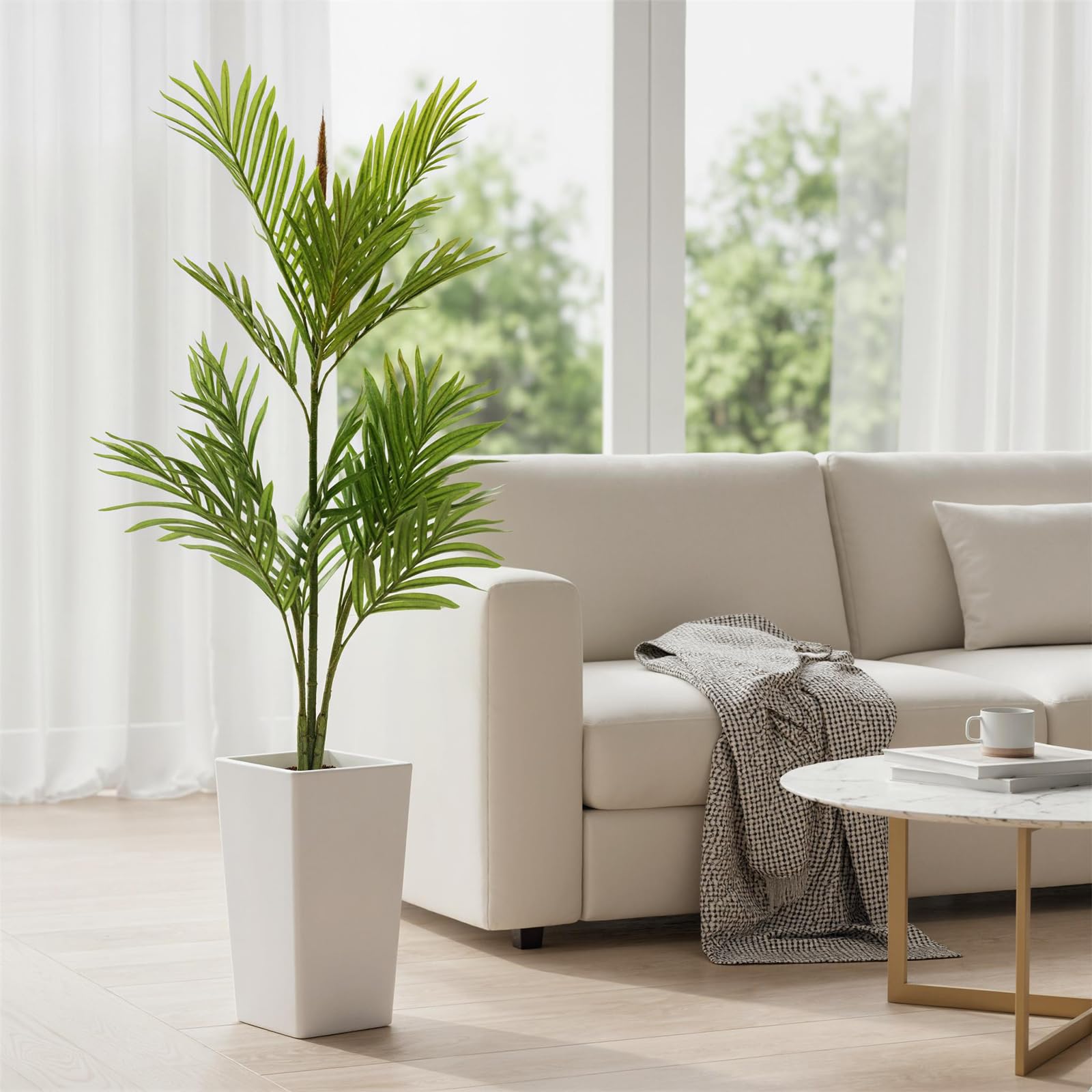 Palmier artificiel Areca Garvee de 1,37 m (50 pouces) avec pot blanc pour salon et bureau, flexible, réaliste, facile d'entretien, vert