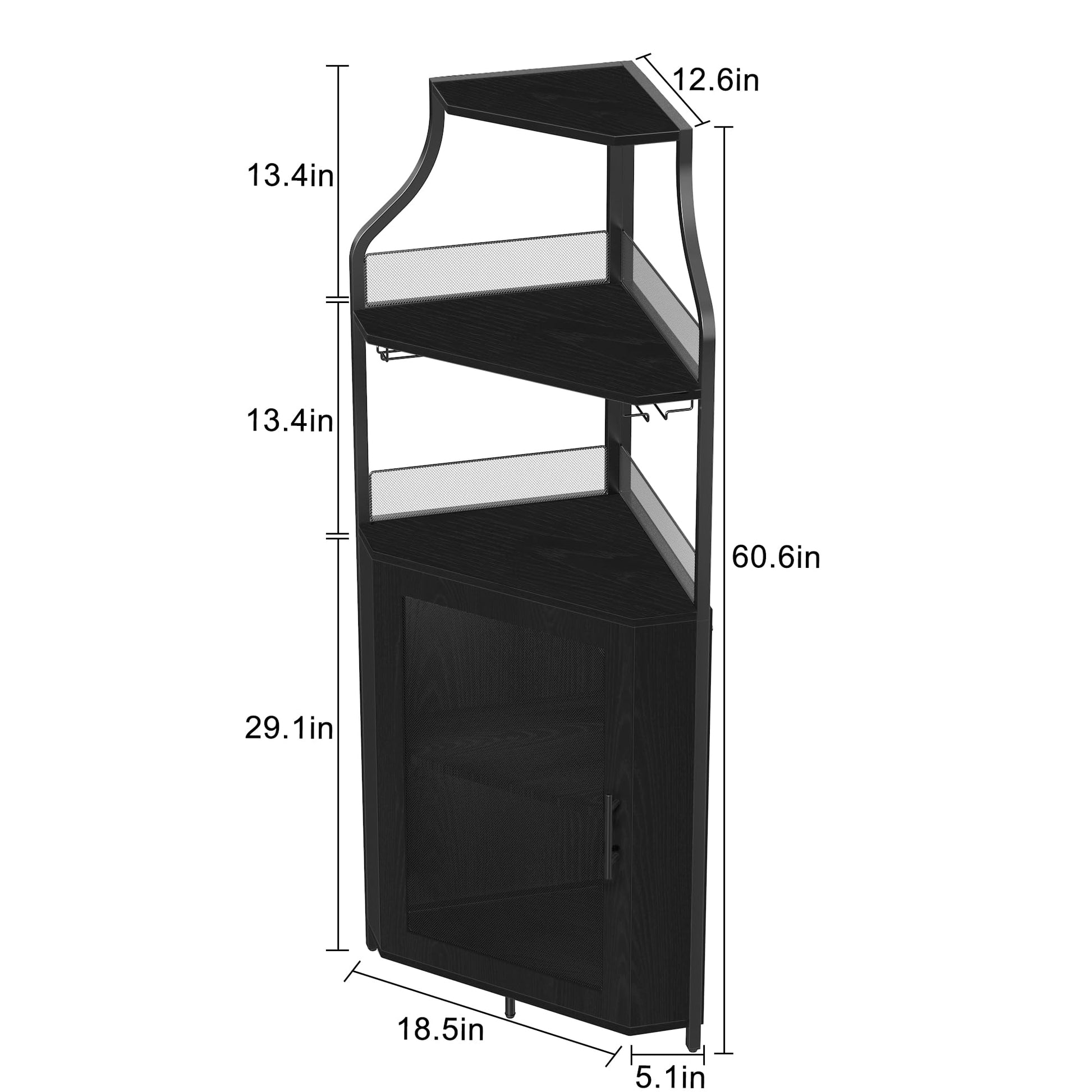 Meuble bar d'angle Garvee, 5 niveaux avec porte-verres, étagères réglables, structure en métal, MDF, porte coulissante de style grange, noir, pour salon et cuisine, 47 x 45 x 154 cm