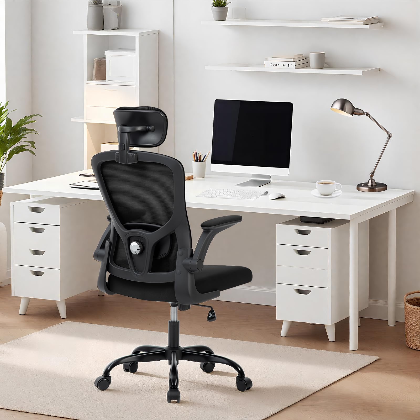 Chaise de bureau ergonomique Garvee avec soutien lombaire et appui-tête réglables, accoudoirs pliables, maille respirante, pivotante, à roulettes, noire, pour le bureau et le gaming