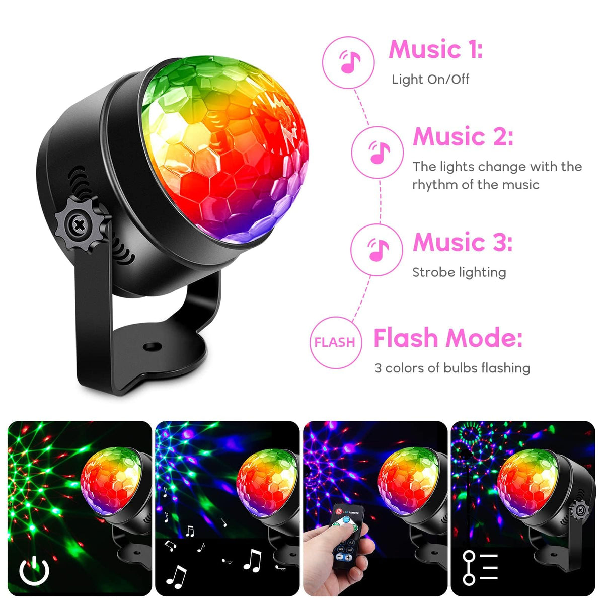 Garvee Boule disco LED RGB avec 7 couleurs, activation sonore, rotation à 360°, câble USB de 4 m pour fêtes, anniversaires, bars, mariages, Noël, 2