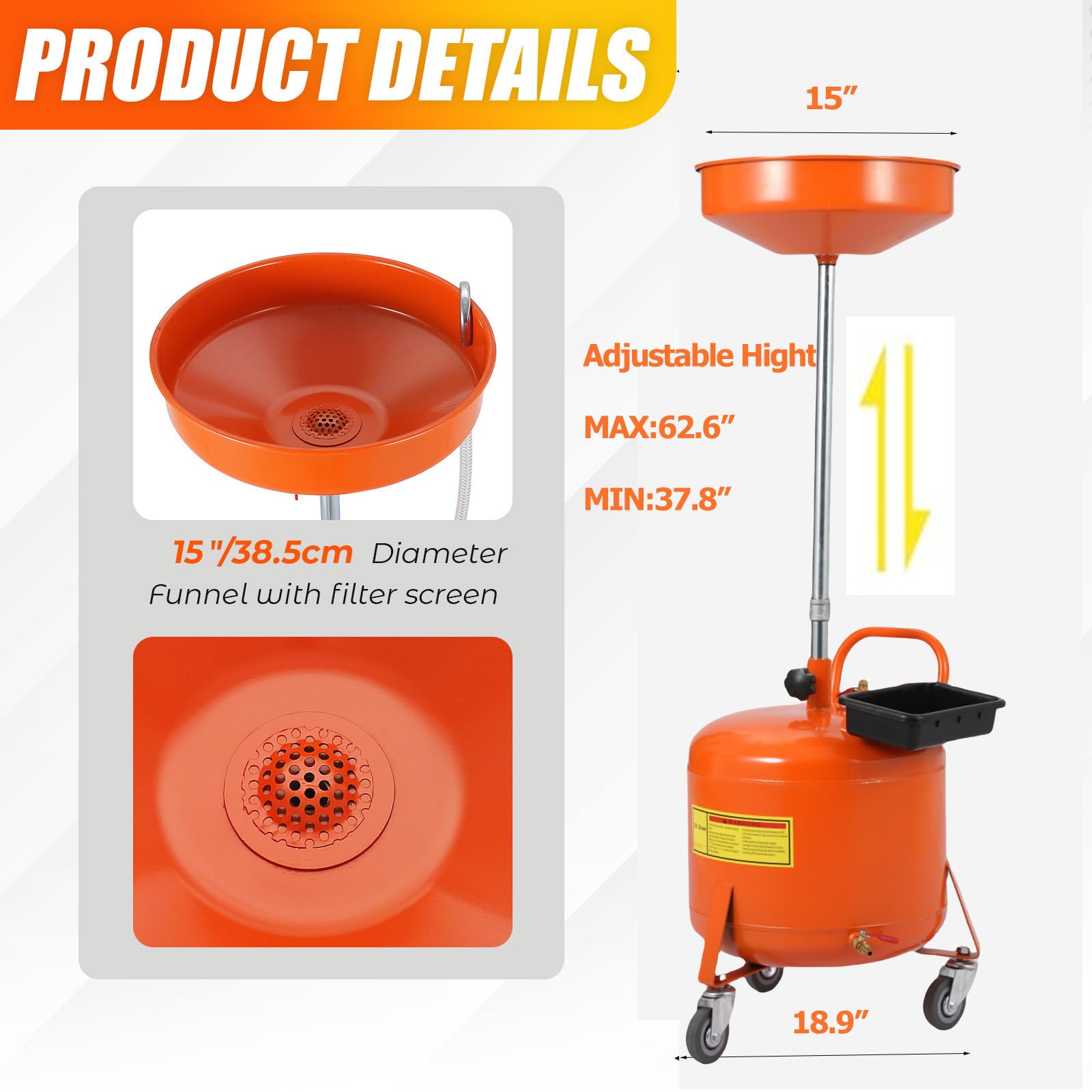 Réservoir de vidange d'huile Garvee de 75 litres (20 gallons) avec réglage en hauteur, roues pivotantes à 360° de 96,5 à 165 cm (38 à 65 pouces), acier thermolaqué anti-fuite, pour atelier ou garage.