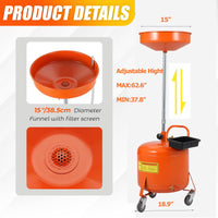 Réservoir de vidange d'huile Garvee de 75 litres (20 gallons) avec réglage en hauteur, roues pivotantes à 360° de 96,5 à 165 cm (38 à 65 pouces), acier thermolaqué anti-fuite, pour atelier ou garage.
