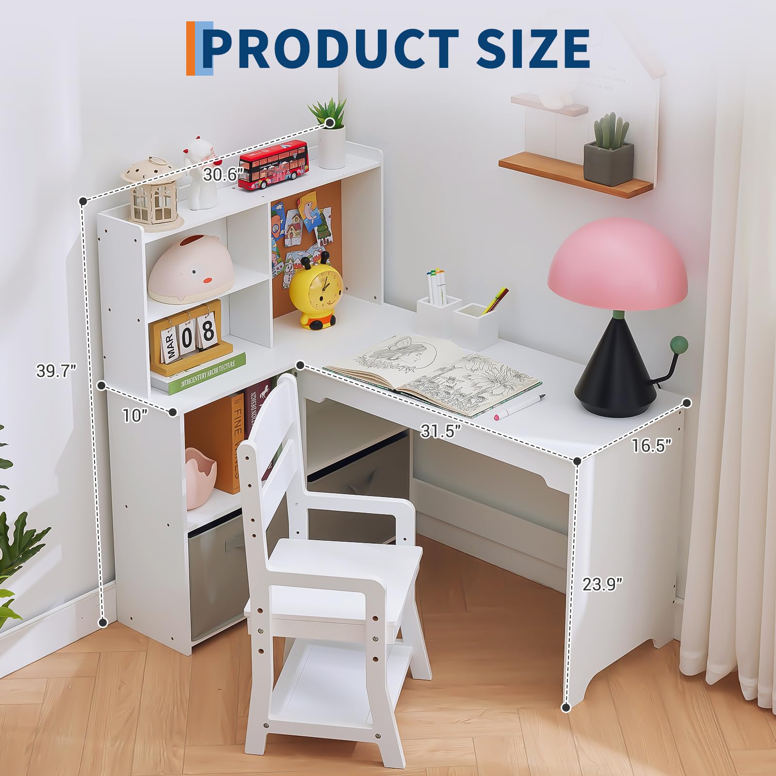 Bureau d'angle Garvee pour enfant avec chaise, en forme de L, blanc, pour chambre d'enfant, 101,6 cm x 106,7 cm x 78,7 cm