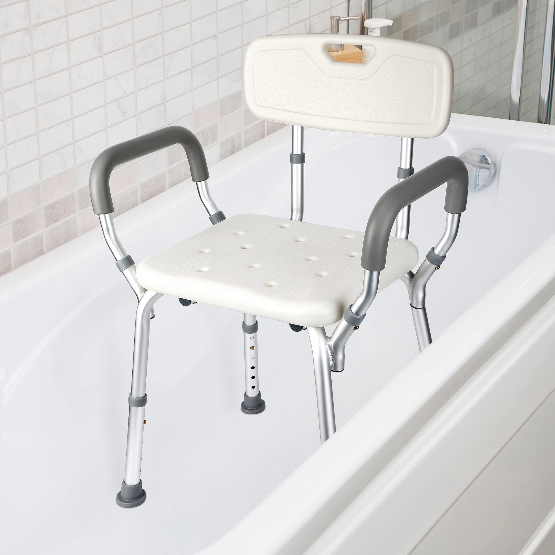 Garvee Chaise de Douche avec Dossier, Capacité 136 kg, Hauteur Réglable, Assise Ergonomique, Pieds Antidérapants, pour Seniors