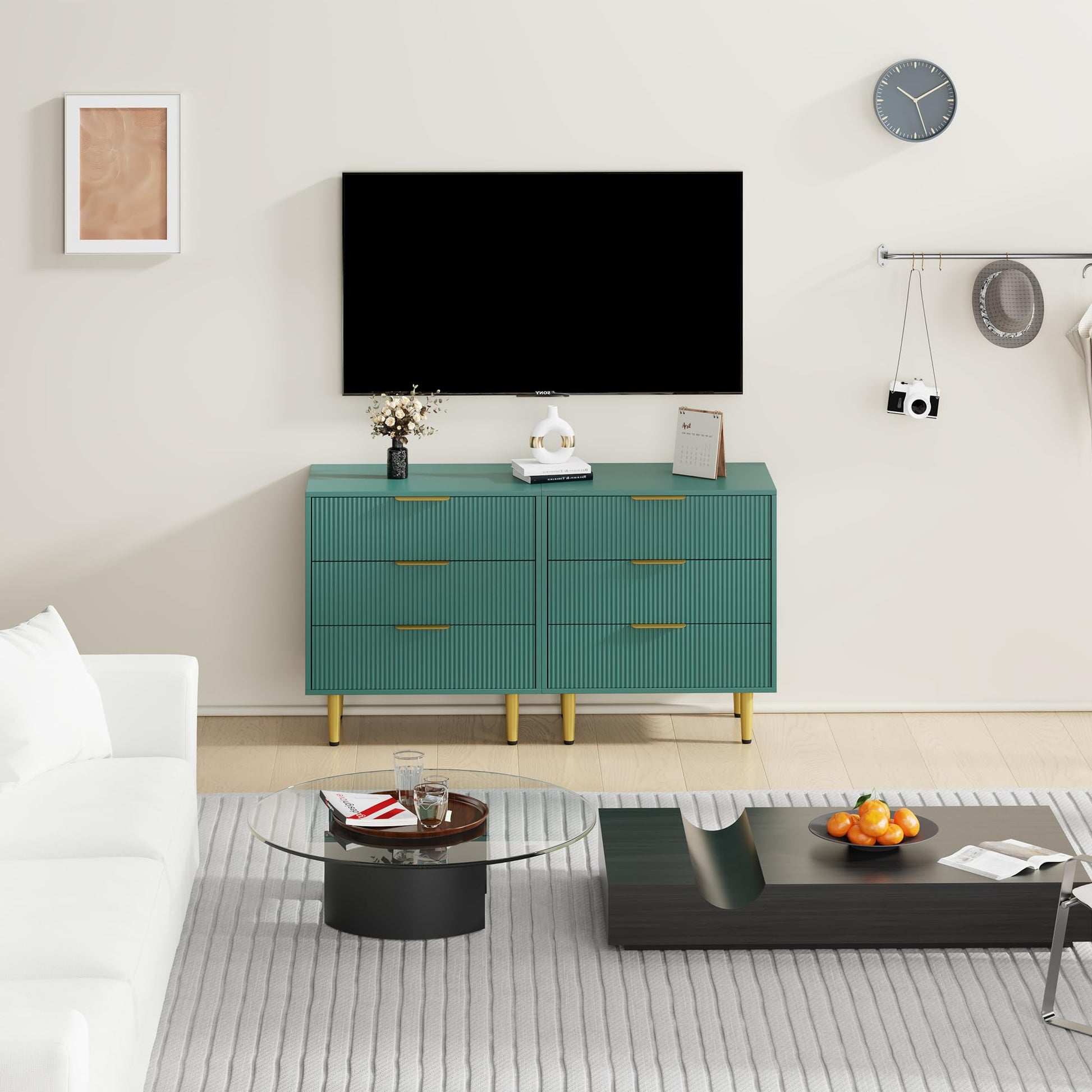 Garvee commode à 3 tiroirs, structure cannelée en MDF, poignées et pieds en métal, vert, protection anti-basculement pour la chambre et le couloir