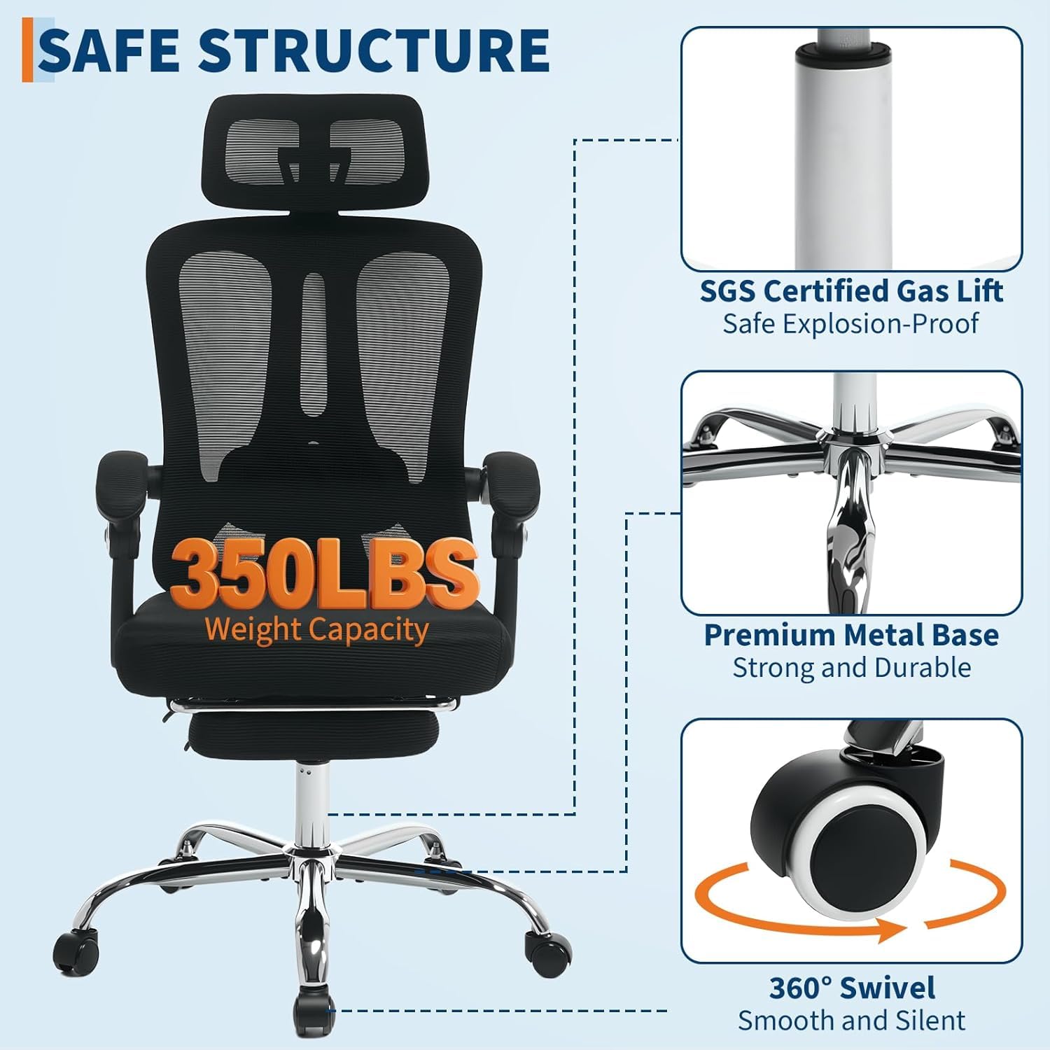 Garvee Chaise de bureau ergonomique avec appui-tête réglable, soutien lombaire et repose-pieds, tissu en maille respirante, noire