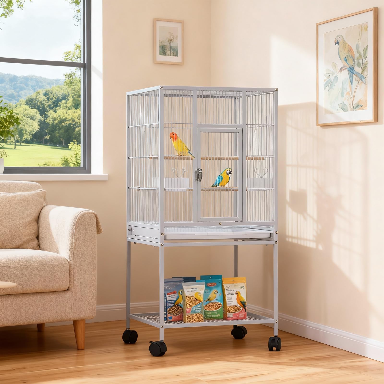 Cage à oiseaux en métal Garvee de 104 cm (41 pouces) pour perruches ondulées, avec perchoirs en bois et support à roulettes, blanche, pour la maison