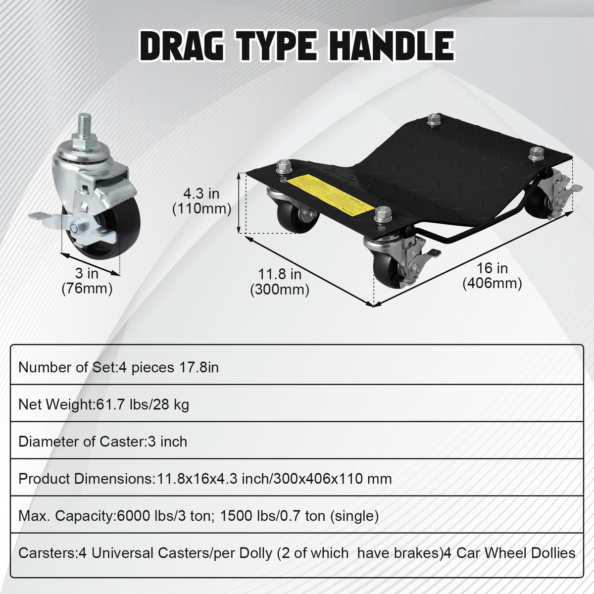 Garvee Lot de 4 Chariots de Déplacement Auto 2 722 kg, 680 kg par Unité, Acier Renforcé, Roues 360° avec Freins, Surface Antidérapante 4 mm, Noir