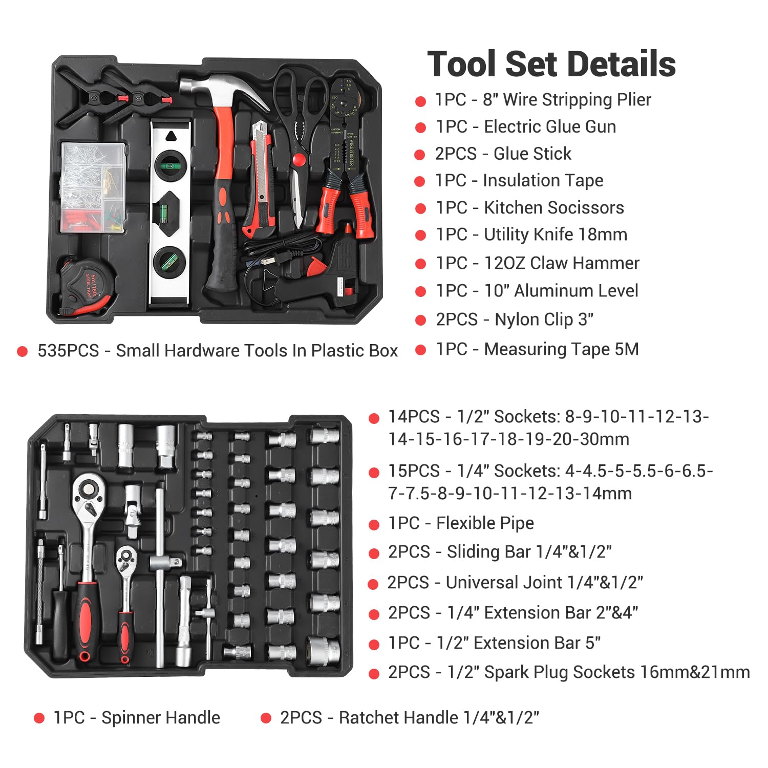 Coffret à outils Garvee 800 pièces – acier au chrome-vanadium, chariot à roulettes, idéal pour la maison, le bricolage et l'atelier