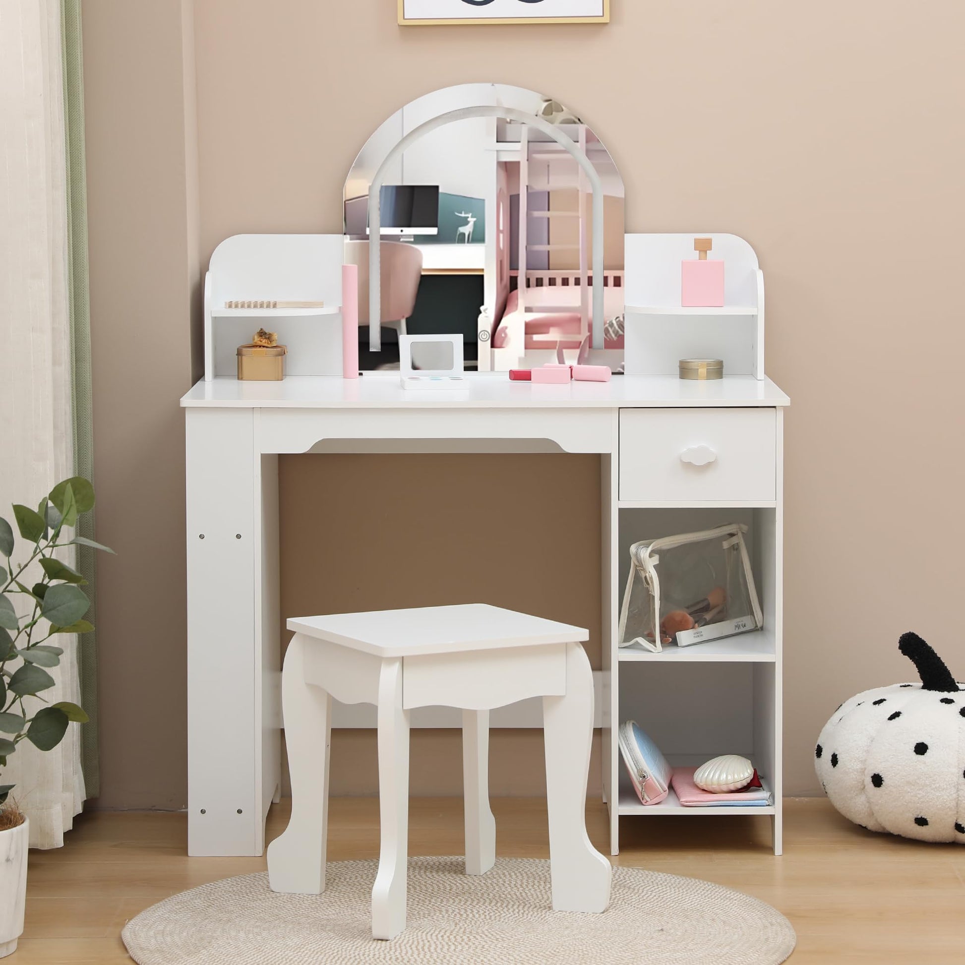 Coiffeuse Garvee pour enfants avec lumière LED et tabouret, réglable, MDF, blanche, pour filles de 3 à 9 ans, salle de jeux et chambre