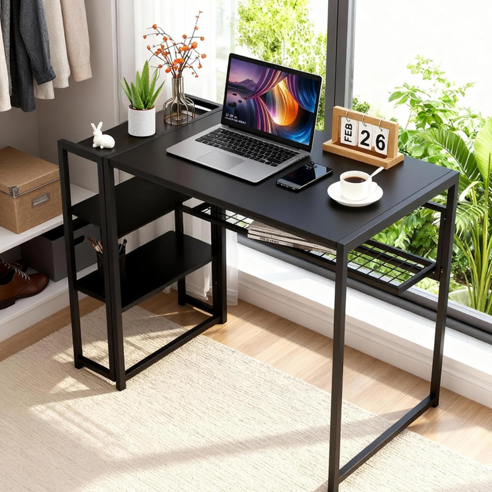 Bureau pliant Garvee 35 pouces avec étagère pour bureau et maison, gain de place, robuste, panneaux de particules P2, structure métallique, 35 x 20 pouces, noir