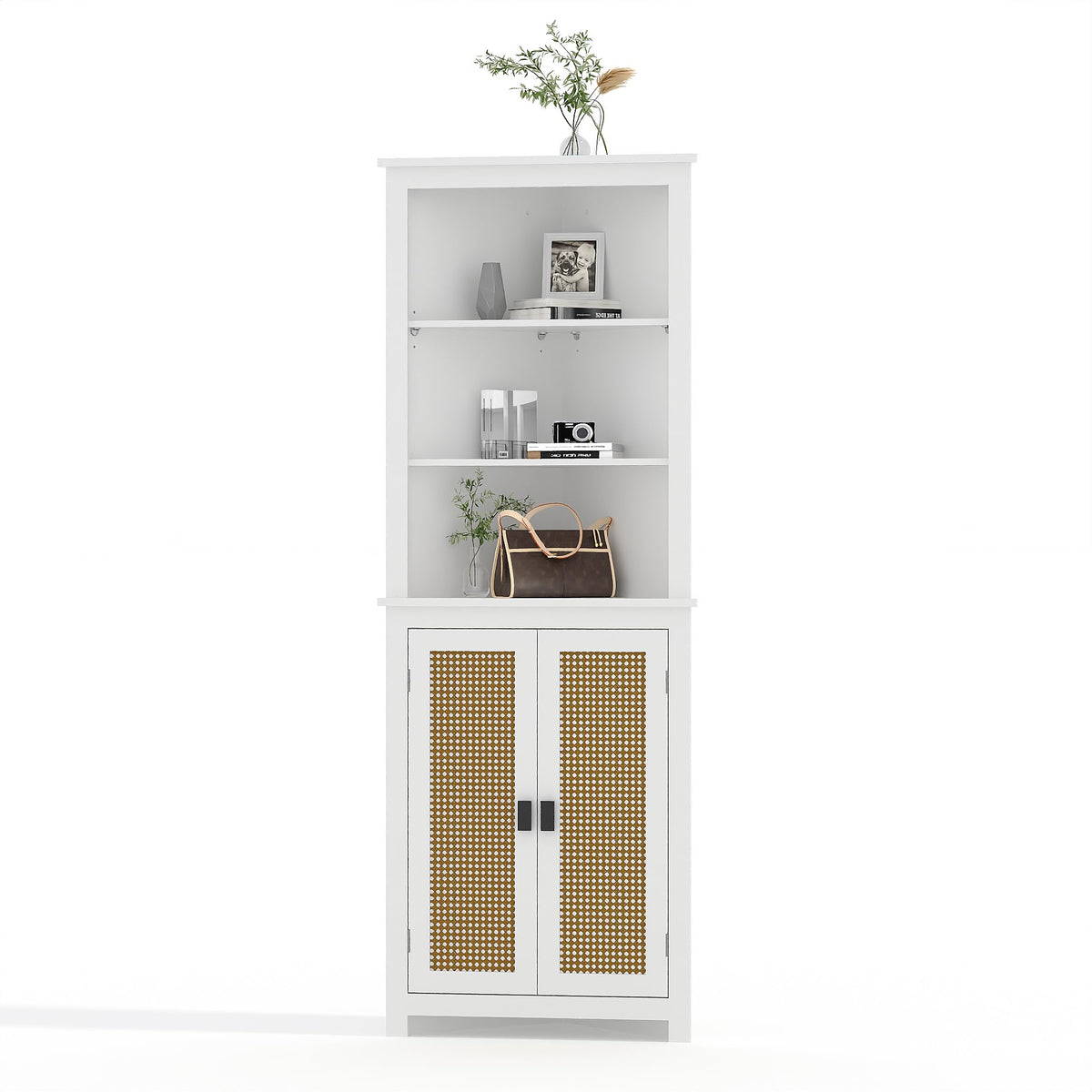Garvee Meuble d'angle style ferme, 162, 5 cm de hauteur, 6 étagères et 2 portes coulissantes de style grange, étagère réglable, blanc, pour salon et salle de bain, bois, résistant à l'humidité, anti-basculement