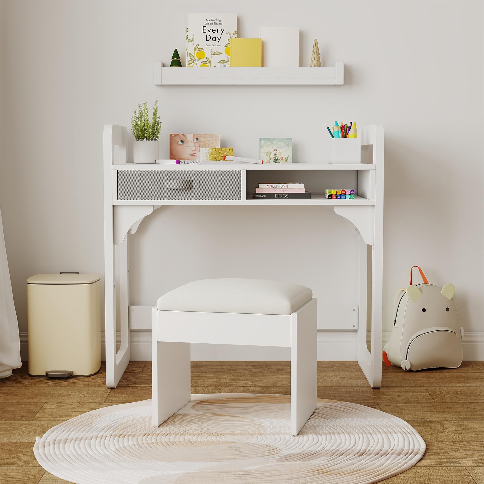 Ensemble bureau et chaise pour enfants Garvee avec rangement, tabouret rembourré en PU, bois, robuste et durable, blanc, chambre et salle de jeux