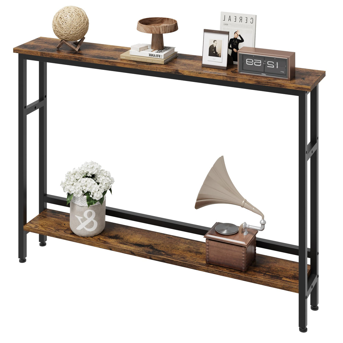 Garvee Console étroite 15 cm, table de canapé 2 niveaux avec étagère réglable, idéale salon, entrée et couloir, marron rustique