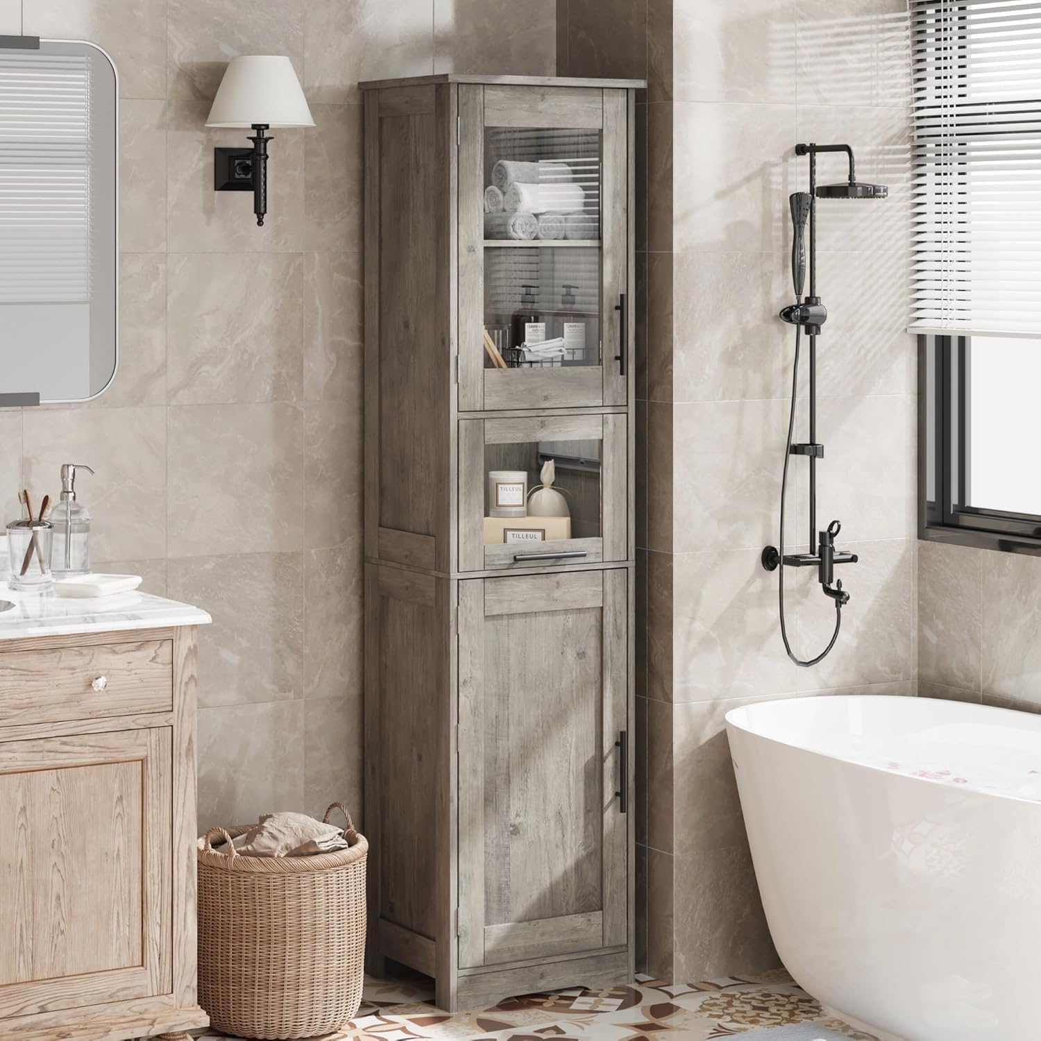 Meuble de salle de bain haut et étroit Garvee avec étagère réglable pour petits espaces, 170 cm, MDF, design moderne, portes vitrées, blanc