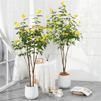 Arbre artificiel fleuri Garvee de 1,28 m (4,2 pi) avec fleurs jaunes, pot en ciment robuste pour salon et mariage, entretien facile, design réaliste