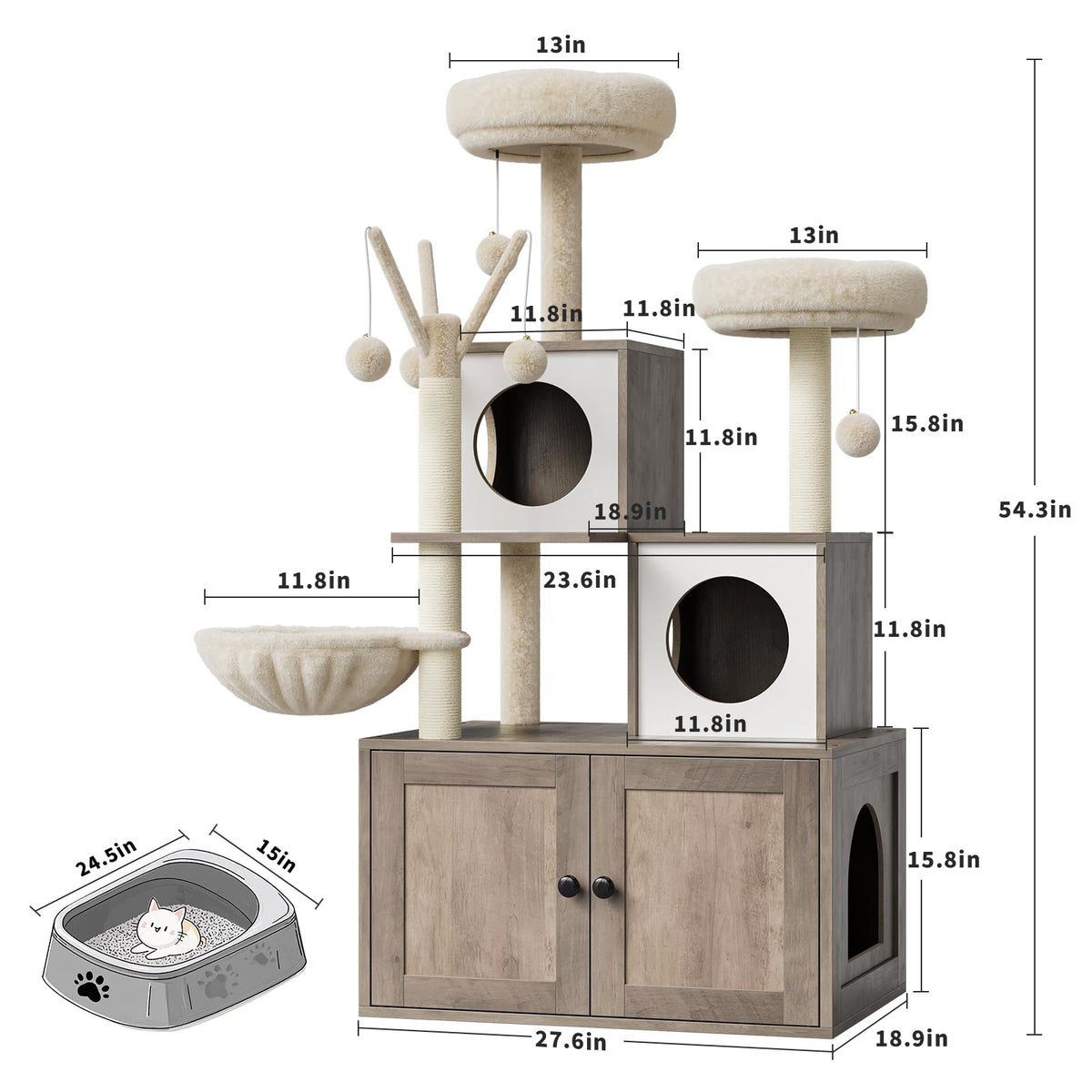 Mobilier pour chat Garvee 3-en-1 avec griffoir, poteaux à griffer en sisal, espace de détente moelleux pour salon et chambre, plusieurs niveaux, gris-beige