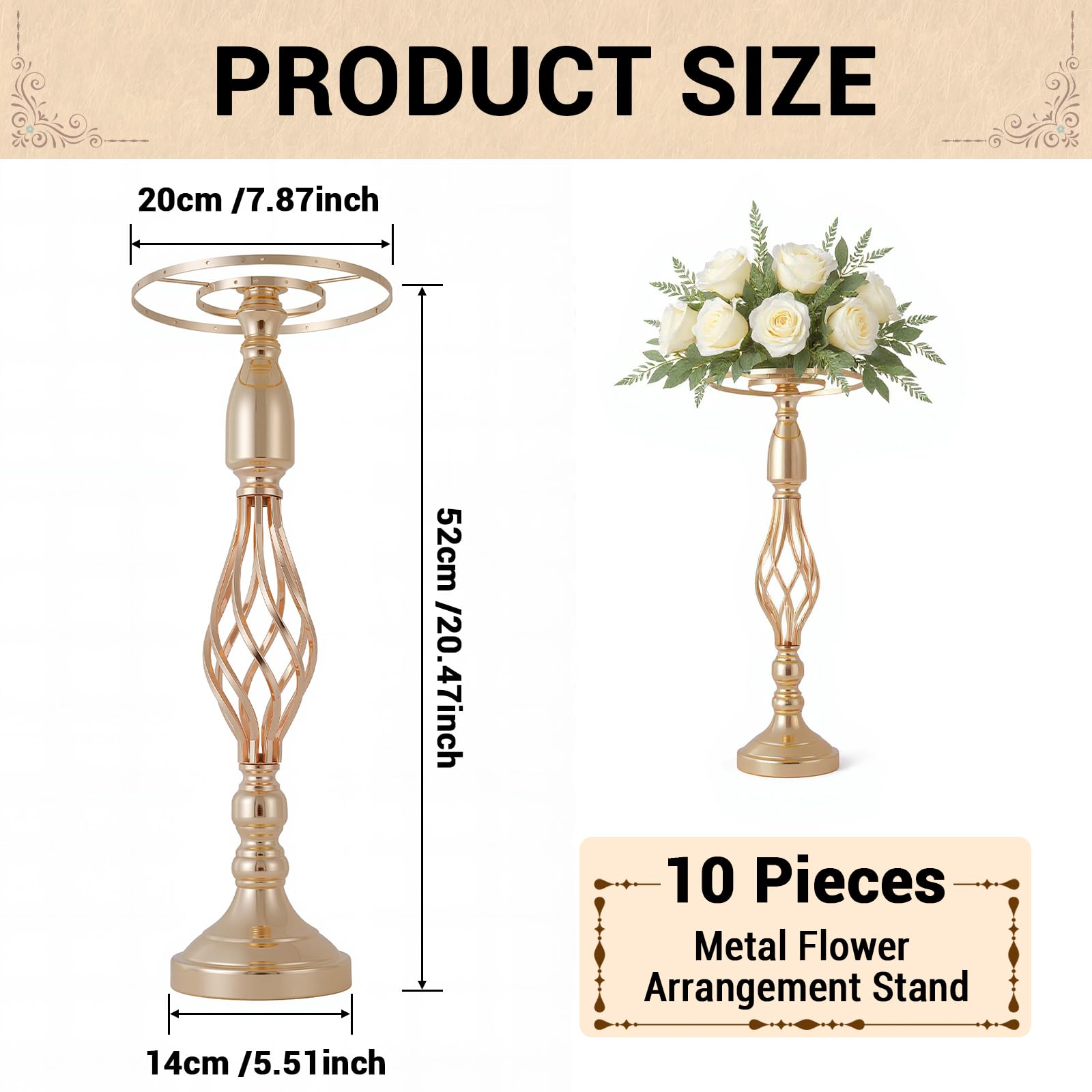 Supports à fleurs en métal Garvee, lot de 10, décoration de table de mariage, élégants modèles rotatifs, métal et cristal, antirouille, pour les fêtes et la maison, 52 cm, argent