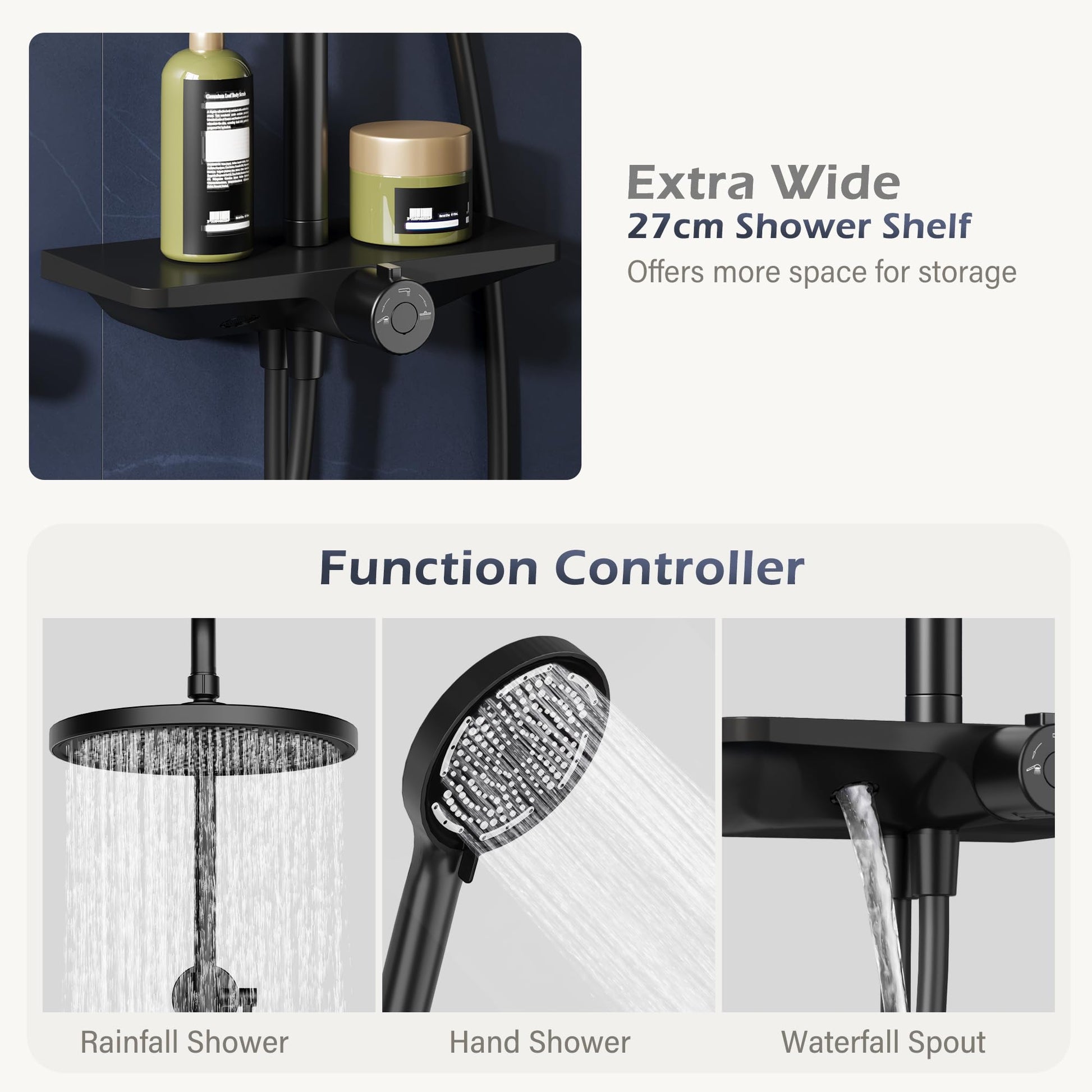 Garvee Colonne de douche réglable 3 sections en acier inoxydable 201, pommeau 24,5 cm, douchette 3 jets, design concave en TPR, noir, salle de bain moderne