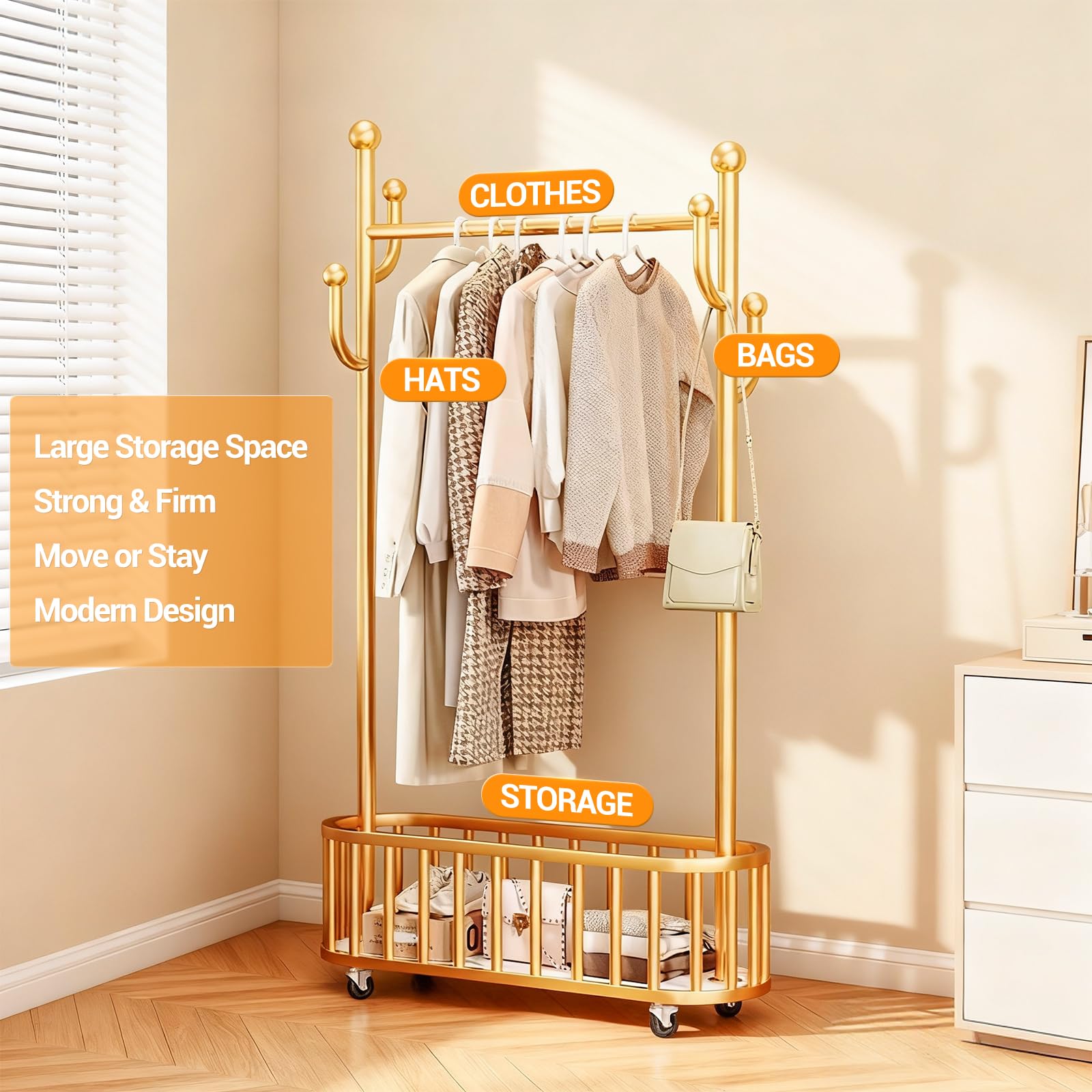 Portant à vêtements à roulettes Garvee avec structure en métal, roulettes pivotantes à 360°, grand panier pour chambre et boutique, 100 x 175 cm, couleur métallisée