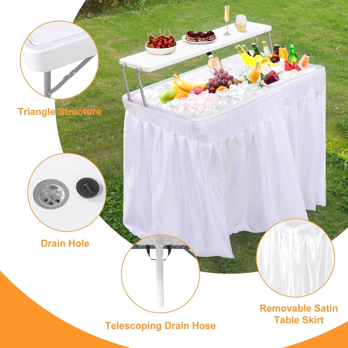 Table glacière pliable Garvee avec système d'évacuation, bac à glaçons à deux niveaux, portable pour les fêtes et le camping, 103 x 56 x 100 cm, en PEHD