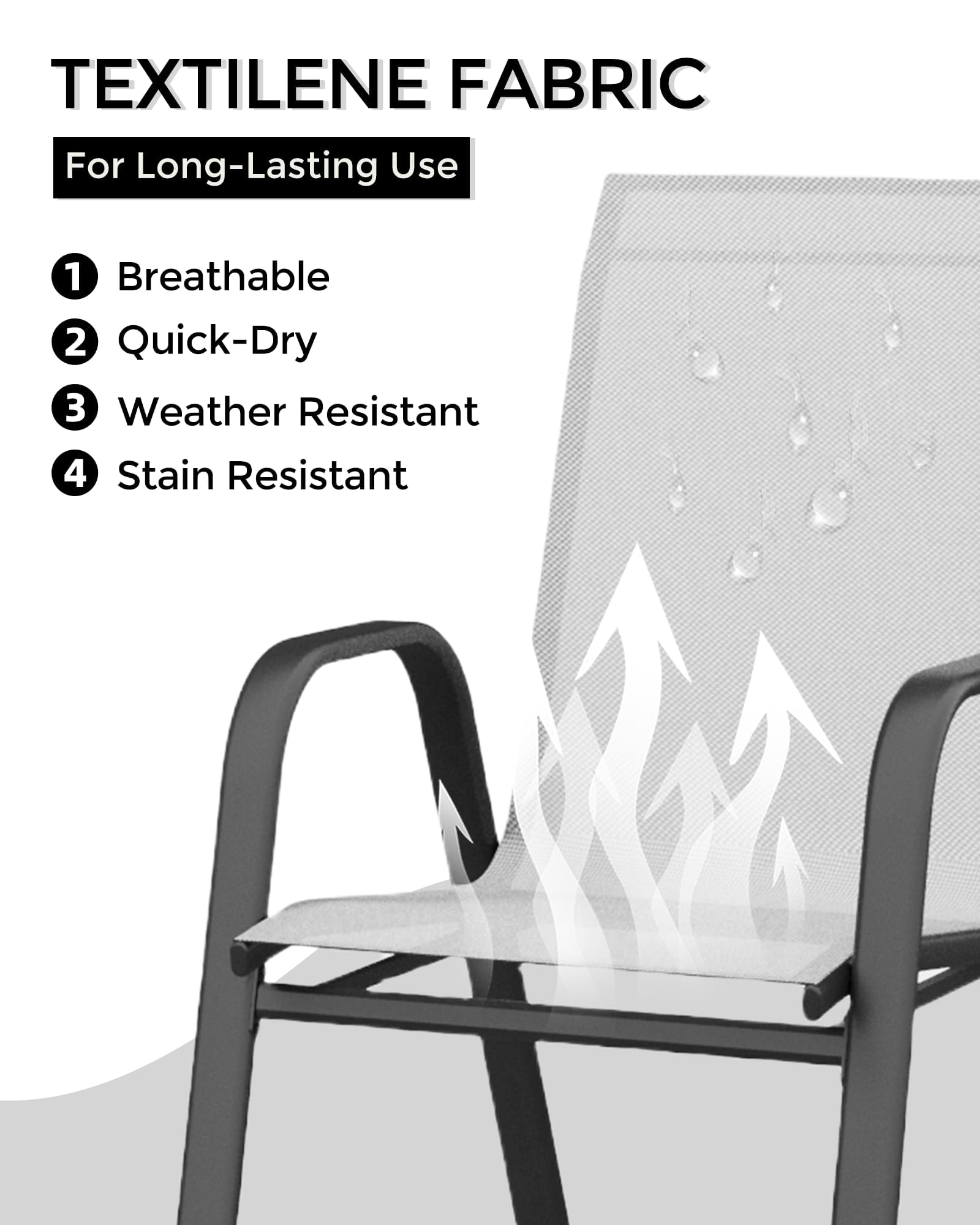 Ensemble de 4 chaises de jardin empilables Garvee avec structure en métal et revêtement en textilène, noires, gain de place, pour terrasse et jardin.