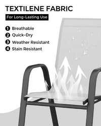 Ensemble de 4 chaises de jardin empilables Garvee avec structure en métal et revêtement en textilène, noires, gain de place, pour terrasse et jardin.