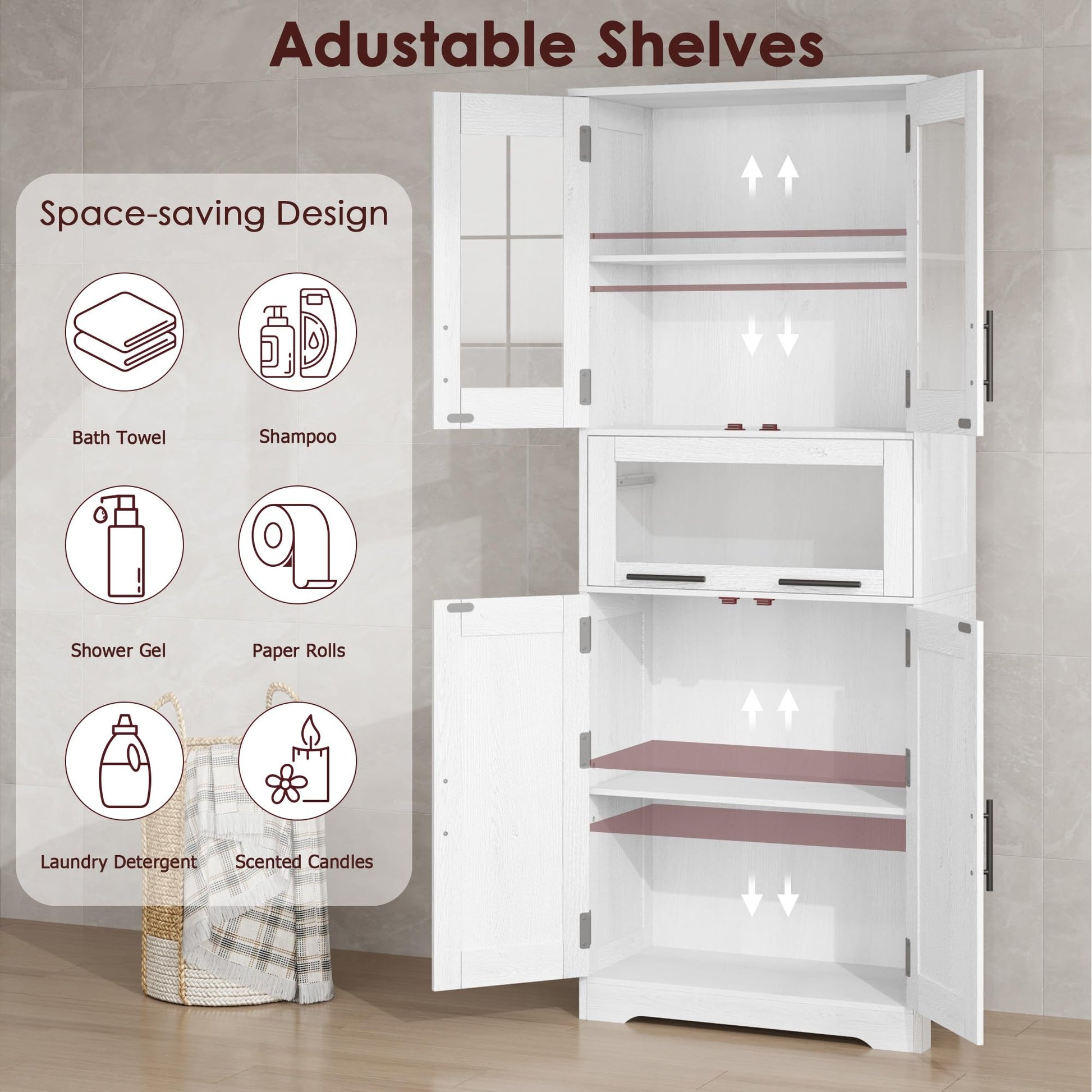 Armoire de salle de bain haute Garvee avec portes vitrées, étagères réglables, MDF, blanche, pour cuisine et salon, 60 x 30 x 170 cm