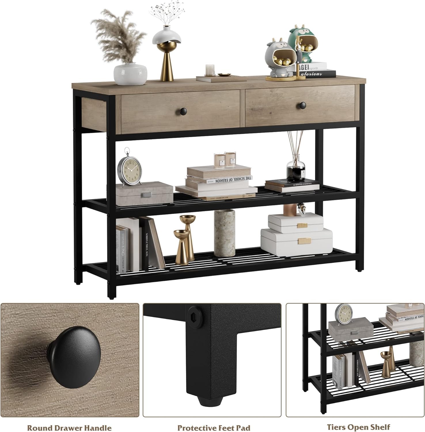 Console Garvee avec 2 tiroirs, structure en métal, étagère métallique à 2 niveaux pour entrée et salon, pieds réglables, robuste, panneaux de particules, noir