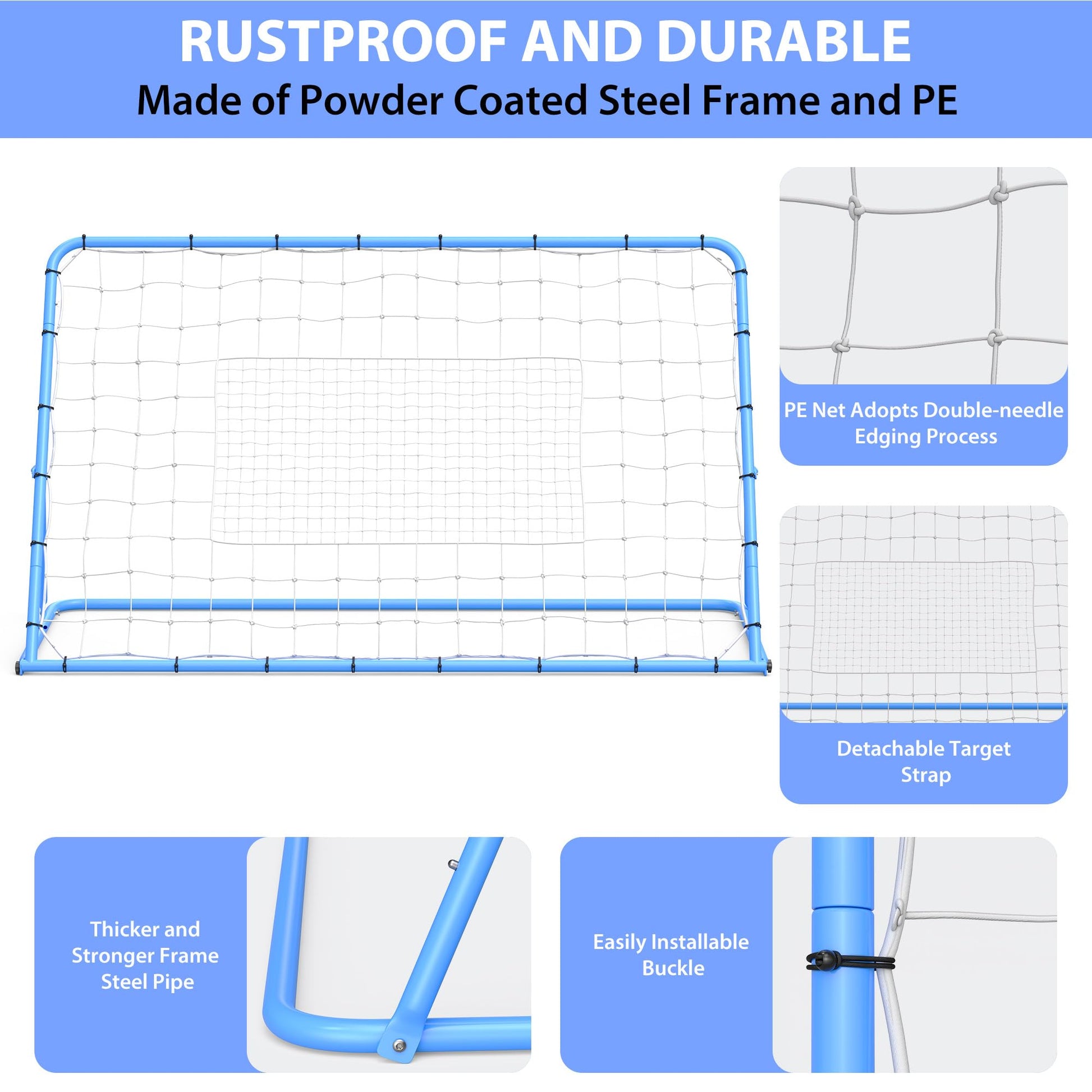 Filet de rebond de football Garvee 1,8 x 1,2 m, cadre en acier robuste et réglable, résistant aux intempéries, bleu, pour jardin et terrain de jeu
