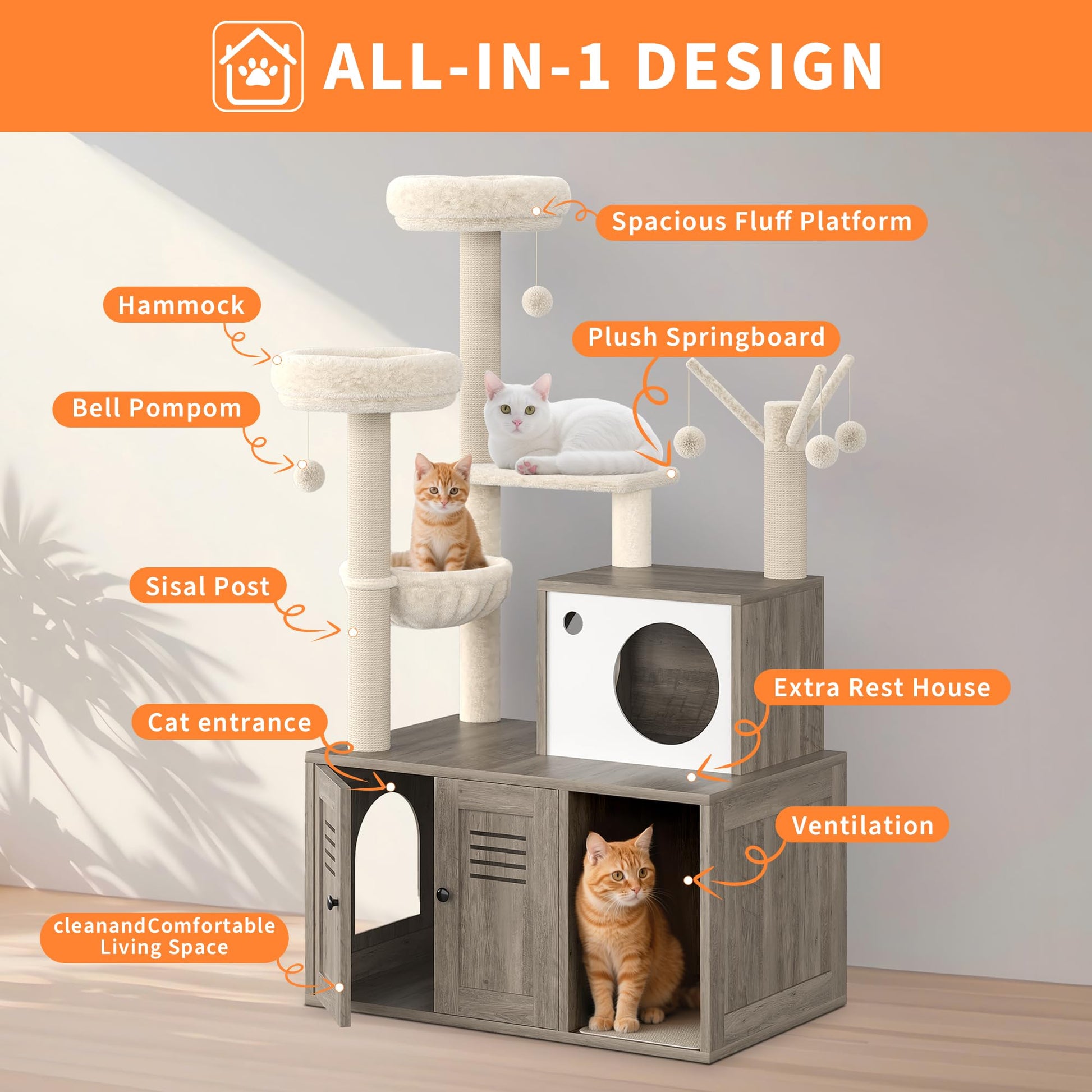 Meuble pour chat Garvee en bois avec bac à litière dissimulé, griffoir et hamac pour chats de petite et moyenne taille, plusieurs niveaux, gris rustique, salon
