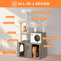 Meuble pour chat Garvee en bois avec bac à litière dissimulé, griffoir et hamac pour chats de petite et moyenne taille, plusieurs niveaux, gris rustique, salon
