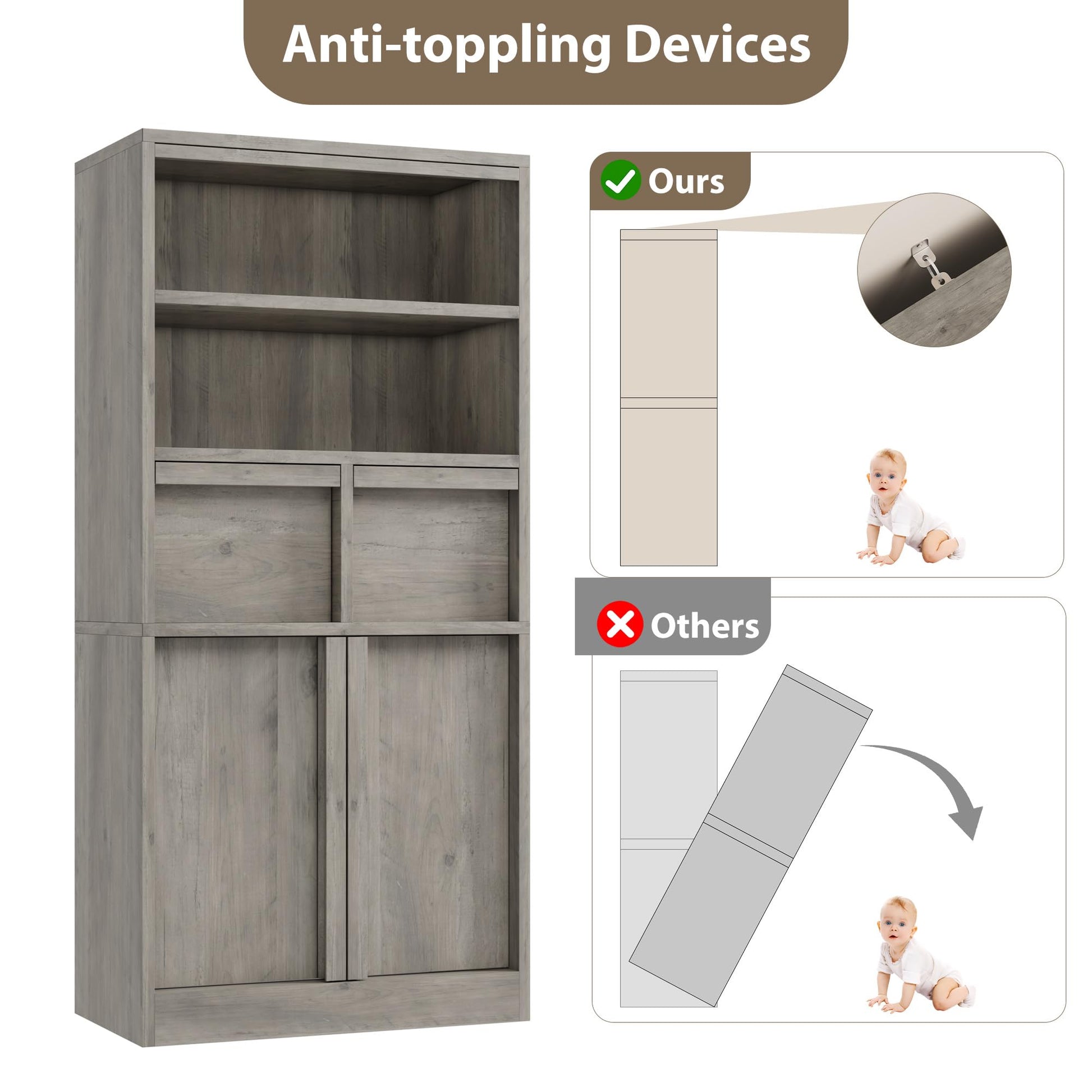 Armoire de salle de bain haute Garvee avec portes et 2 tiroirs, 130 cm de hauteur, MDF, imperméable, résistant aux rayures, autoportante, grise, polyvalente