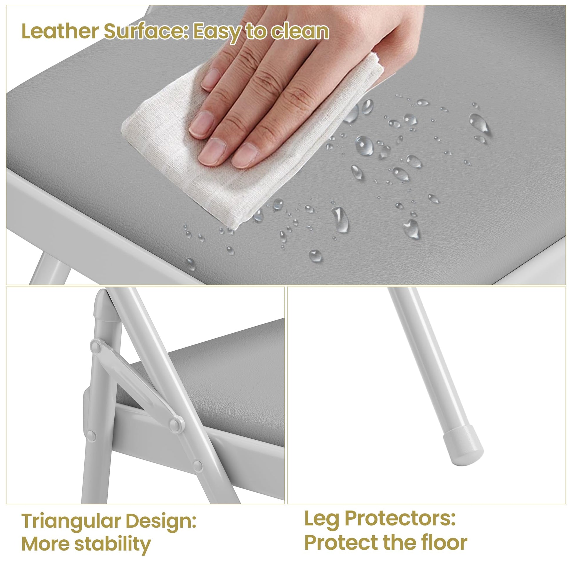Ensemble de 6 chaises pliantes Garvee avec revêtement en cuir PU, structure en métal, gris, pour une utilisation intérieure et extérieure