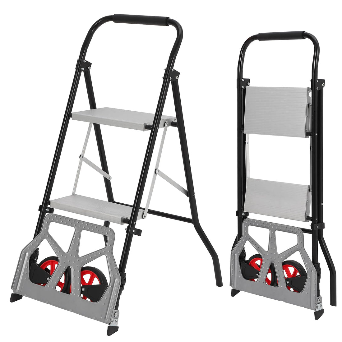 Échelle pliante et chariot Garvee 2 en 1 en aluminium, capacité de 100 kg, roues pliables, pédales antidérapantes, portable et léger, idéal pour la maison et la cuisine.