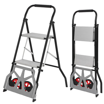 Échelle pliante et chariot Garvee 2 en 1 en aluminium, capacité de 100 kg, roues pliables, pédales antidérapantes, portable et léger, idéal pour la maison et la cuisine.