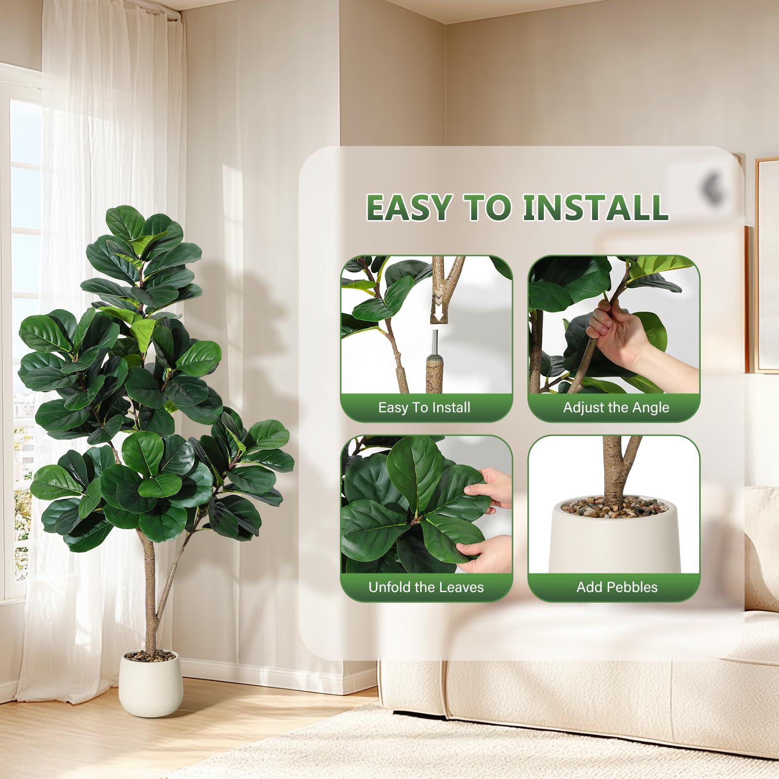 Ficus lyrata artificiel Garvee de 1,5 m avec pot blanc pour la décoration du salon, PVC+PE, base stable en ciment, 77 feuilles réalistes