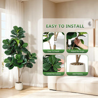Ficus lyrata artificiel Garvee de 1,5 m avec pot blanc pour la décoration du salon, PVC+PE, base stable en ciment, 77 feuilles réalistes