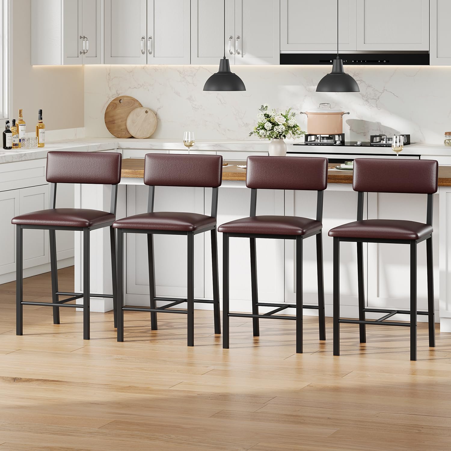 Garvee Ensemble de 4 tabourets de bar , revêtement en similicuir, ergonomiques et stables, structure en MDF et acier, repose-pieds et dossier, marron foncé, pour cuisine et bar