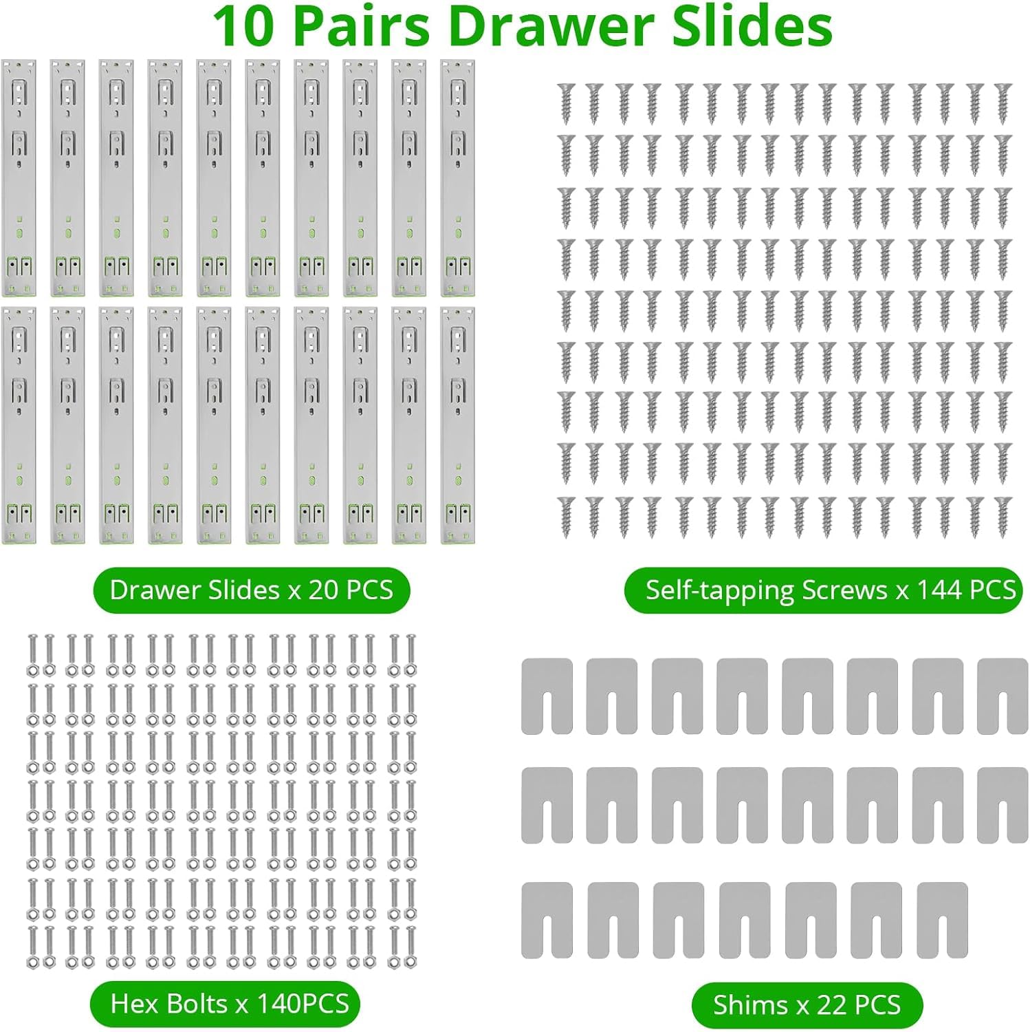 Garvee Lot de 10 paires de glissières à extension complète pour tiroirs, capacité de charge de 45 kg, roulements à billes, montage latéral, acier laminé à froid, silencieux, pour cuisine et commode, 45 kg, acier