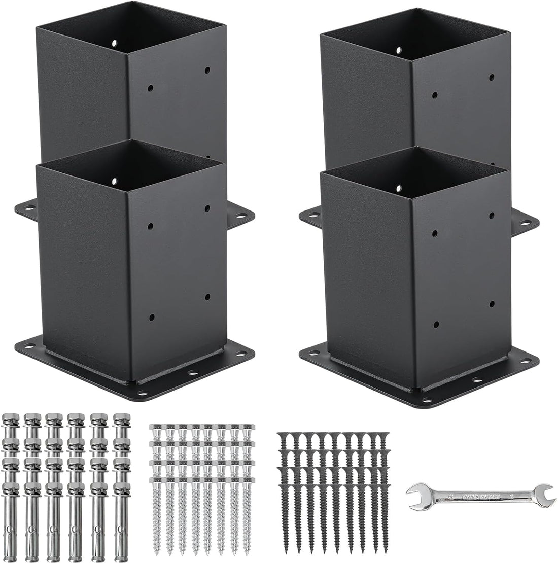 Garvee, ensemble de 4 supports de poteaux en acier de 2 mm pour poteaux en bois 4x4, renfort sur les quatre côtés, revêtement en poudre noir, ensemble complet pour patios et clôtures