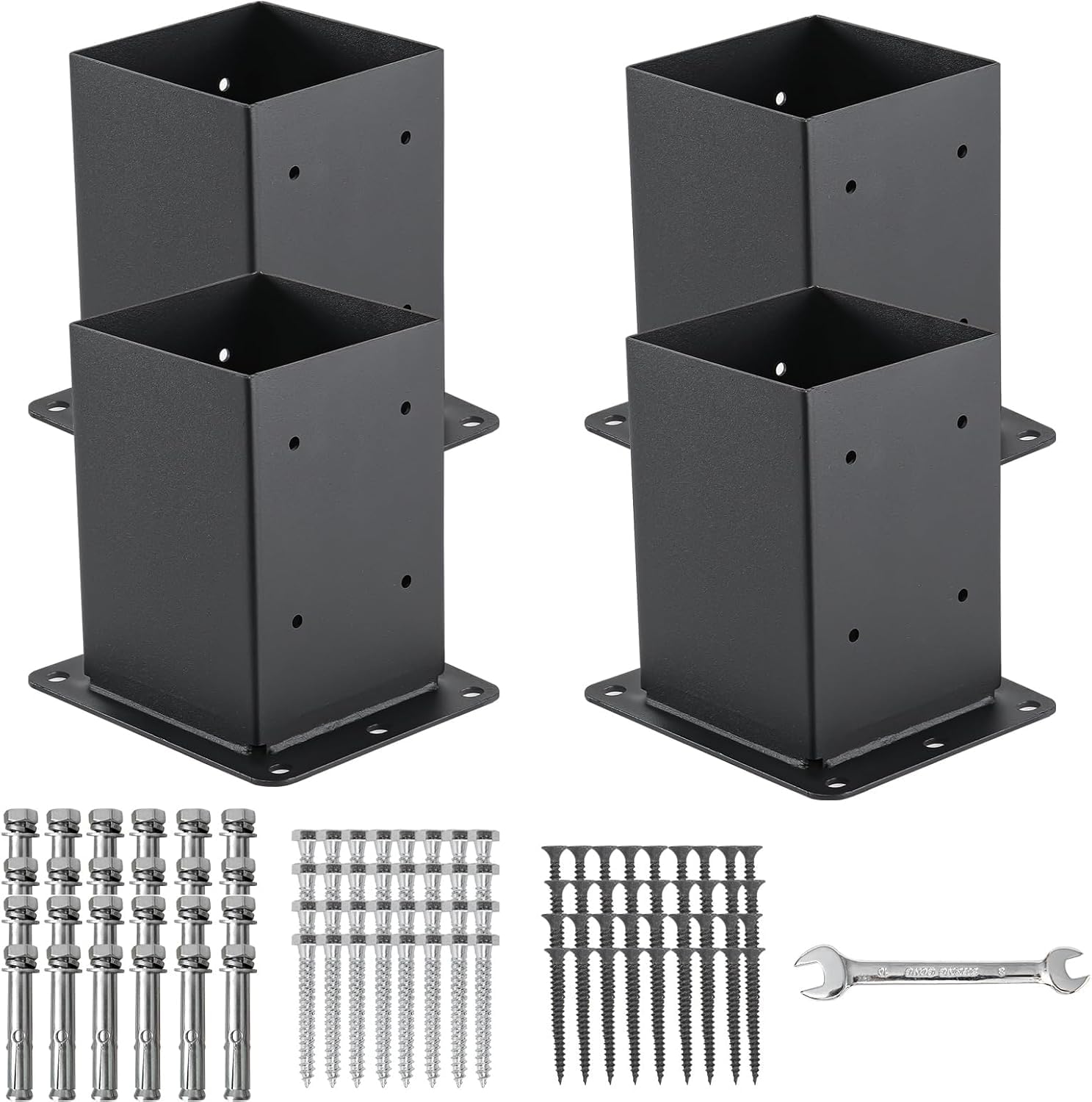 Garvee, ensemble de 4 supports de poteaux en acier de 2 mm pour poteaux en bois 4x4, renfort sur les quatre côtés, revêtement en poudre noir, ensemble complet pour patios et clôtures