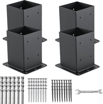 Garvee, ensemble de 4 supports de poteaux en acier de 2 mm pour poteaux en bois 4x4, renfort sur les quatre côtés, revêtement en poudre noir, ensemble complet pour patios et clôtures