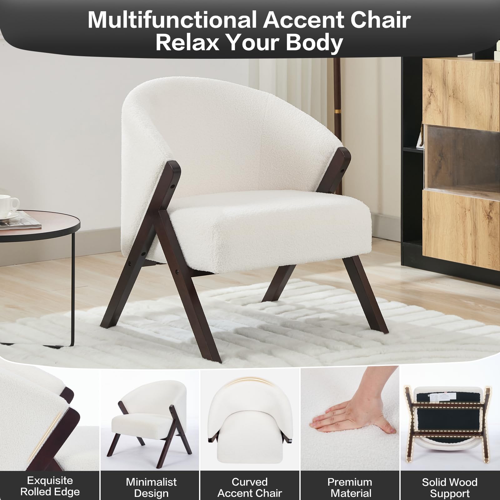 Fauteuil d'appoint Garvee style moderne du milieu du siècle, structure en bois, revêtement en lin, confortable, idéal pour le salon, la chambre ou le balcon.